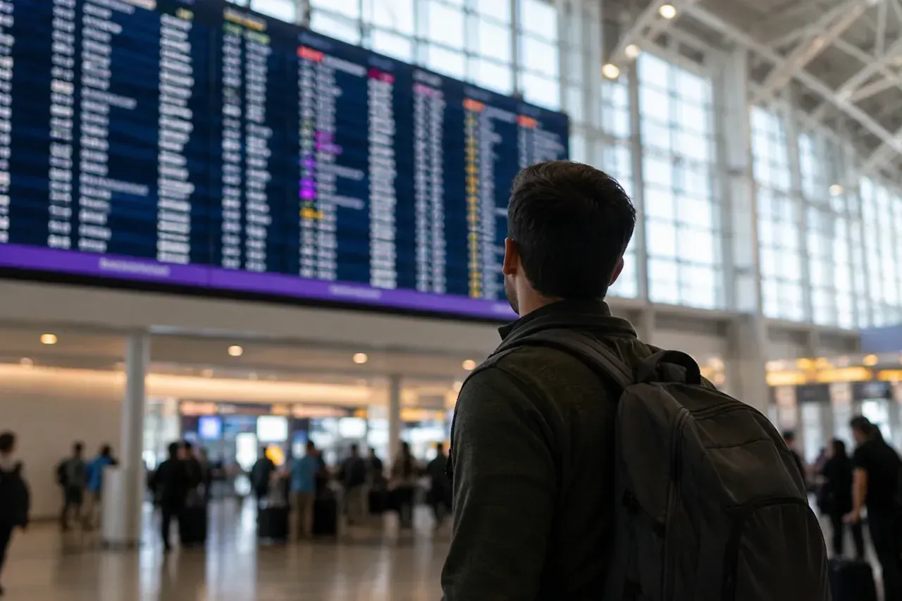 A traveller with a backpack studying a large airport departure board.